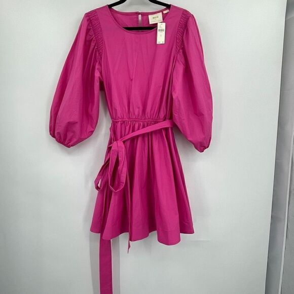 Maeve Anthropologie Pink Puff Sleeve Cotton Mini Dress Size Medium NWT - Picture 2 of 9